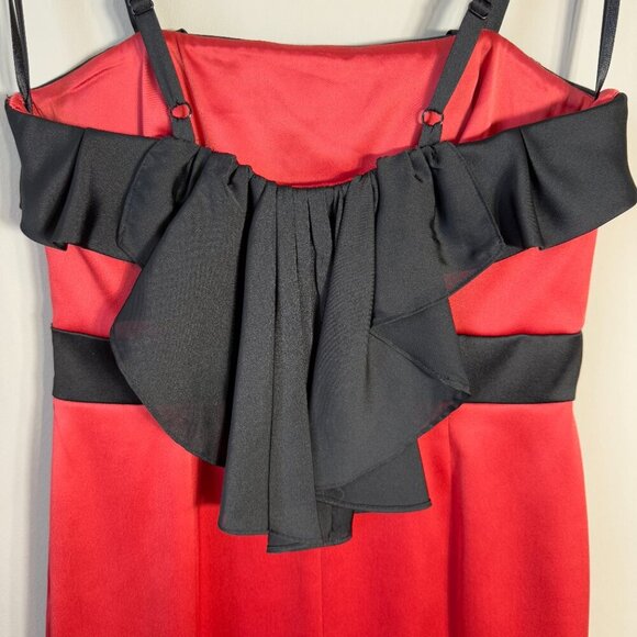 Vtg BCBG Paris Satin Ruffle Bodycon Mini Dress Women's 6 Red Black Cocktail Y2K - Picture 9 of 13